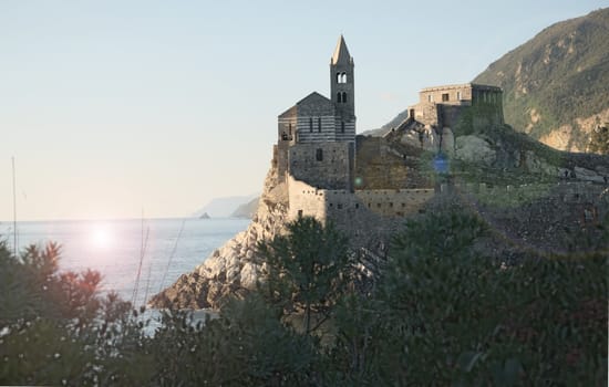 Church of San Pietro in Portovenere near the Cinque Terre. Ancient medieval building on the rocks overlooking the sea.
