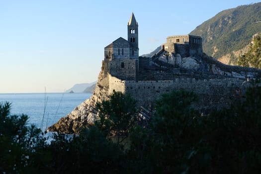 Church of San Pietro in Portovenere on the rocks overlooking the sea. Ancient medieval building near the Cinque Terre in Liguri. Italy.