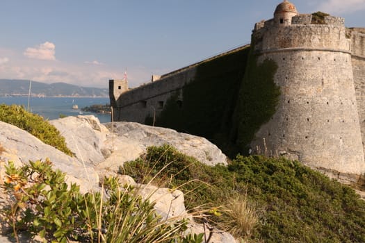 Portovenere, La Spezia, Italy. About 10/2016. Walls of the castle of Portovenere with bastion and the background of the sea.