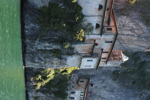 Lake Maggiore, Lombardy, Italy. about June 2019. Hermitage of Santa Caterina del Sasso overlooking Lake Maggiore.