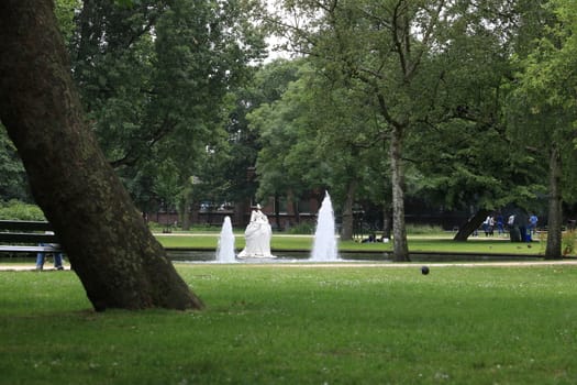 Amsterdam, Netherlands. About the July 2019. Ducks in a city park in Amsterdam. In the background a pond with a fountain.