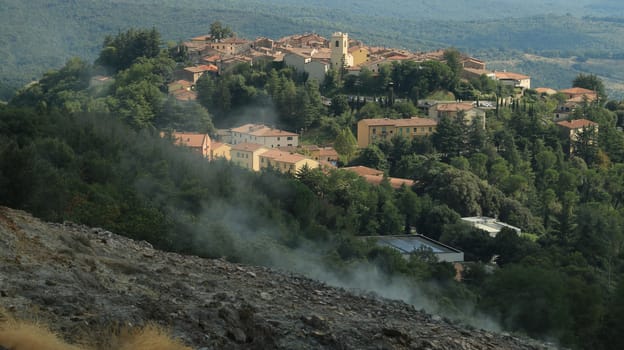 Volcanic fumaroles in the geothermal field in the town of Monterotondo M. Geothermal energy in Tuscany on the metalliferous hills near Larderello.
