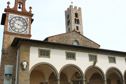 Impruneta, Florence, Italy, About september 2019. Basilica of Santa Maria all'Impruneta, near Florence. Porch with arches, vaulted ceilings and stone columns.