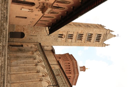 Massa Marittima, Maremma, Tuscany, Italy. About september 2019. Cathedral of San Cerbone and the bell tower of Massa Marittima. The church located in Piazza Garibaldi is in Romanesque and Gothic style.
