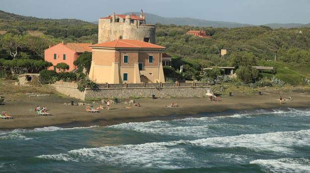 Torre della Tagliata or Puccini Tower, on the beach of Ansedonia. Lookout tower built in the Renaissance in Maremma Toscana. Grosseto