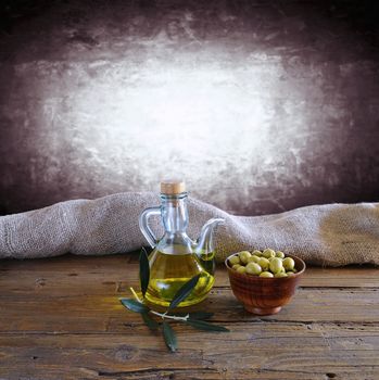 Olive oil on a table in the kitchen.