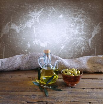 Olive oil on a table in the kitchen.