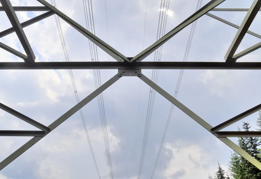 Close up view on a big power pylon transporting electricity in a countryside area in Europe