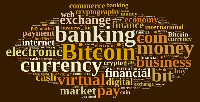 Illustration with word cloud relating to Bitcoin.