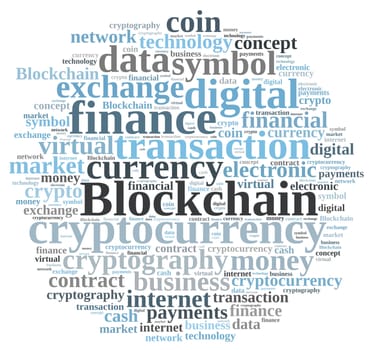 Illustration with word cloud with the word Blockchain.