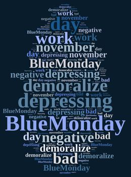 Illustration with word cloud on Blue Monday, the worst day of the year.3D rendering.