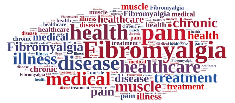 Illustration with word cloud on fibromyalgia.