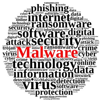 Illustration with word cloud with the word malware.