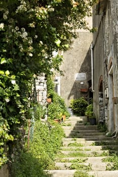 Colonnata, Carrara, Tuscany, Italy. Street of the ancient village of Colonnata, famous for the production of lard. The ancient village of white marble quarrymen is located above Carrara, in northern Tuscany.