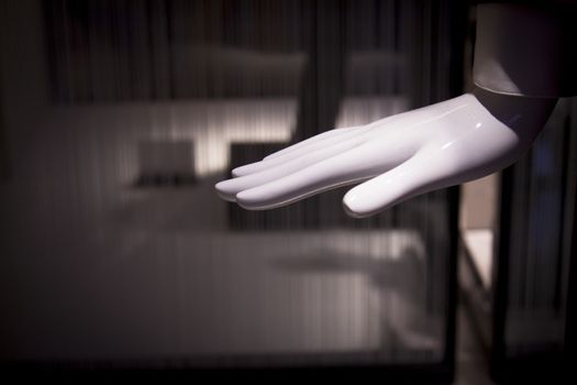 White mannequin hand. Palm down. No people