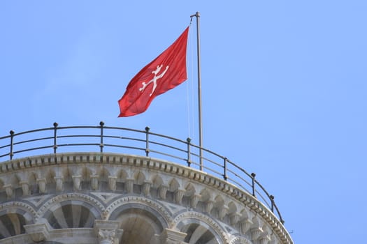 Pisa, Tuscany, Italy. 06/21/2019. Leaning tower of Pisa. Cell with bells. The tower is built entirely with white Carrara marble. On the top floor, visiting tourists.