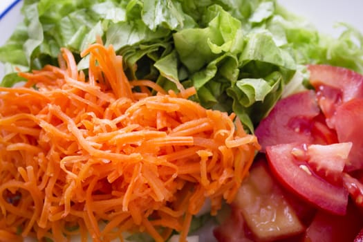 Lettuce, carrot, cucumber, tomato and onion salad. No people
