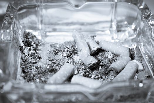 Ashtray with several cigarettes consumed and extinguished. Cigarette ash