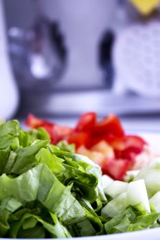 Salad with lettuce, tomato, onion and cucumber. No people