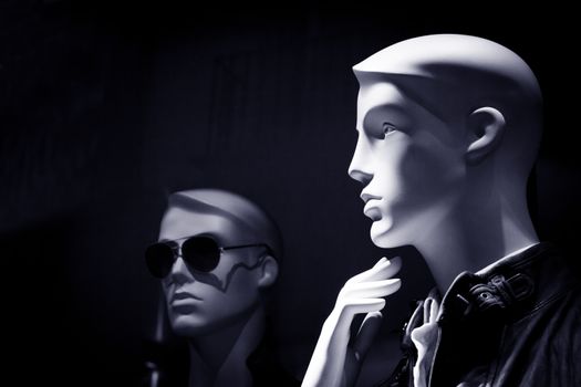 Portrait of mannequin man thinking. No people