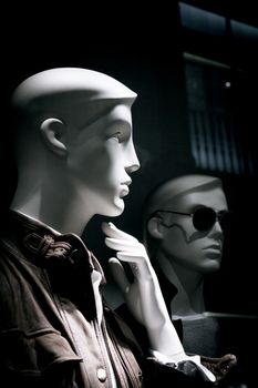 Portrait of mannequin man thinking. No people