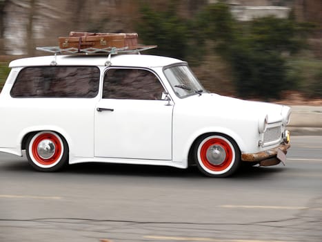 A Trabant runs through the streets of Budapest