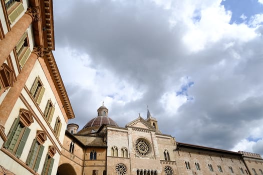 Foligno, Umbria, Italy. About october 2019. Cathedral of San Feliciano in Foligno with historic buildings. The Romanesque church with stone facades in Piazza della Repubblica