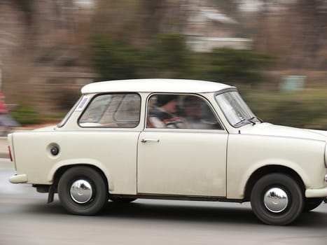 A Trabant runs through the streets of Budapest