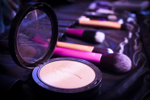 Facial makeup, eyeshadow and makeup brushes. No people