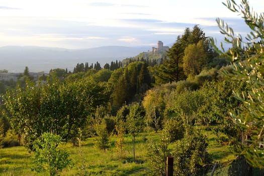 Panorama of the Rocca Maggiore castle in Assisi. The path that leads to the Eremo delle Carceri offers panoramic views of the city.