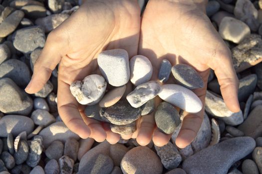 Woman hands touching stones on the beach. Grey stones