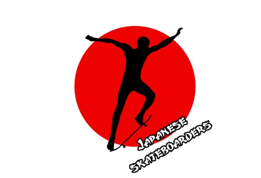 Illustration of a silhouette of a skateboarder on the background of the Japanese flag and the inscription
