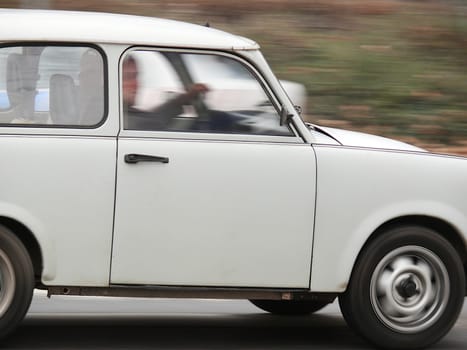 A Trabant runs through the streets of Budapest