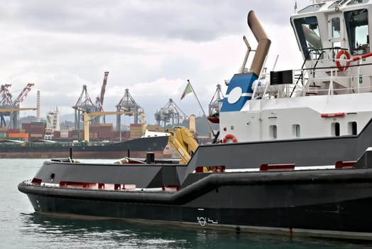 In the foreground, a tugboat used to tow the large ships in the harbor.