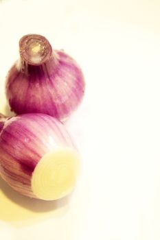 Uncooked purple chives in the kitchen. No people