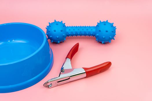 Pet shop concept.  Nail scissors and bowl and toy on color background