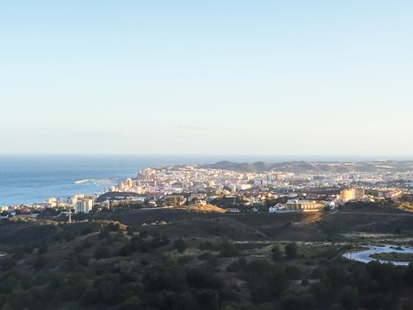 Aerial view of Andalucia region in Spain and Mediterranean Sea, beautiful nature in summer at sunset