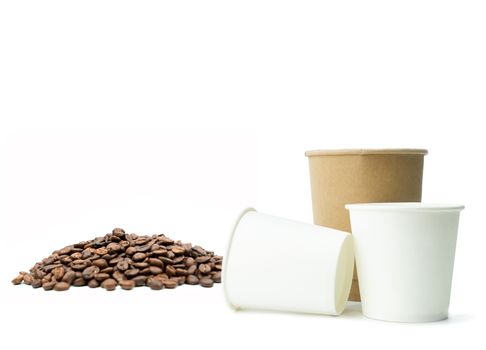 Paper cup with coffee beans on isolated white