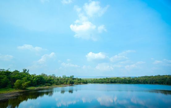 Scenery lake and mountain with blue sky for holiday