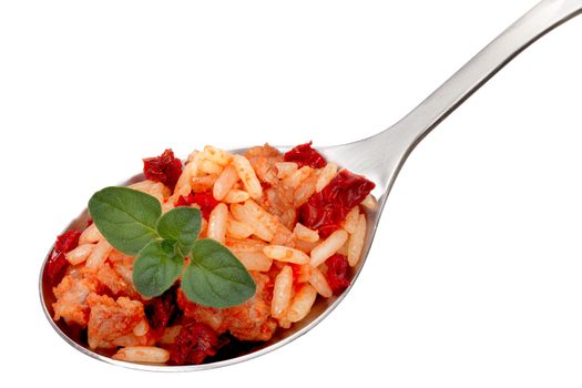 Spoon with boiled rice (risotto) with dried tomatoes, meat and oregano. Clipping path, infinite depth of field