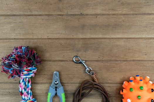 Pet leashes on wooden background.  Pet accessories concept