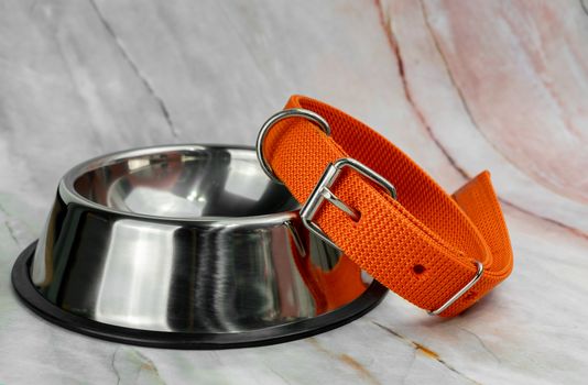 Bowl for pet and leashes with collars