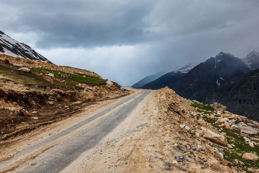 Road in Himalayas near Rohtang La Pass. Himachal Pradesh, India