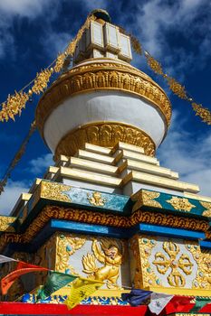 Buddhist gompa with prayer flags. Tabo monastry, Tabo, Spiti Valley, Himachal Pradesh, India