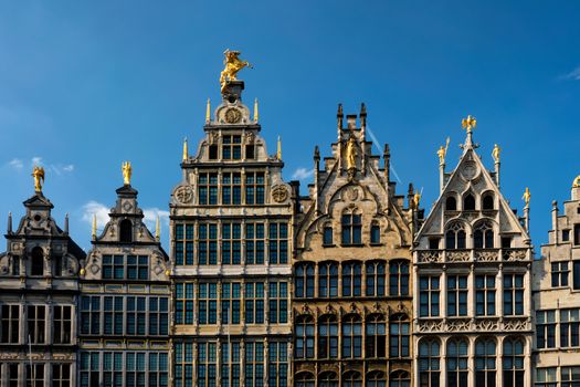 Antwerp row of 16th century old houses Monumental Guildhouses facades on Grote Markt square. Antwerp, Belgium, Flanders