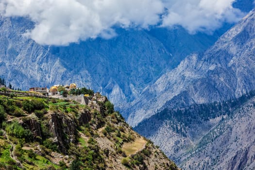 Triloknath village in Himalayas famous for Triloknath Temple with clouds. Lahaul valley, Himachal Pradesh, India