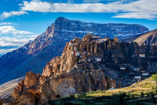 Dhankar monastry perched on a cliff in Himalayas. Dhankar, Spiti Valley, Himachal Pradesh, India