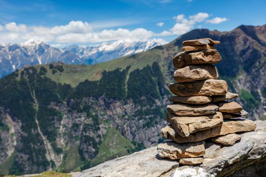 Stone cairn in Himalayas. Near Manali, above Kullu Valley, Himachal Pradesh, India