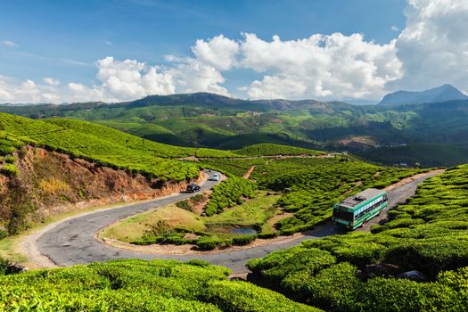 Passenger bus on road in tea plantations, Munnar, Kerala state, India