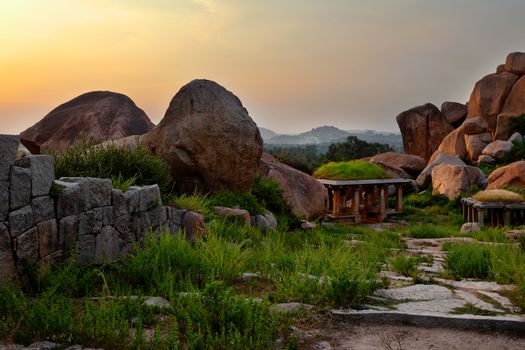 Ancient ruins in Hampi on sunset. Above Hampi Bazaar, Hampi, Karnataka, India